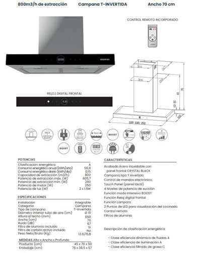 Campana extractora de acero inox Infiniton con panel de control tactil y reloj digital de diseño 3