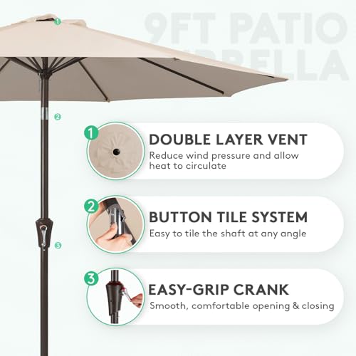 Image of JEAREY 9FT Outdoor Patio Umbrella Outdoor Table Umbrella with Push Button Tilt and Crank, Market Umbrella 8 Sturdy Ribs UV Protection Waterproof for Garden, Deck, Backyard, Pool (Cream Beige)