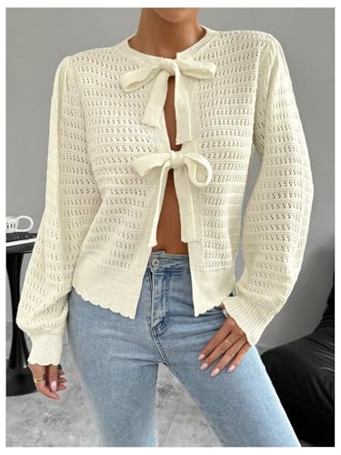 Image of Milumia Women's Tie Up Bishop Long Sleeve Cardigan Hollow Out Knit Sweater Tops Apricot Large