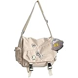 Inshere Aesthetic Crossbody Bag with Cute Pins and Ornament, Casual Shoulder Messenger Bag Japanese Kawaii Bag for Women Men (White)