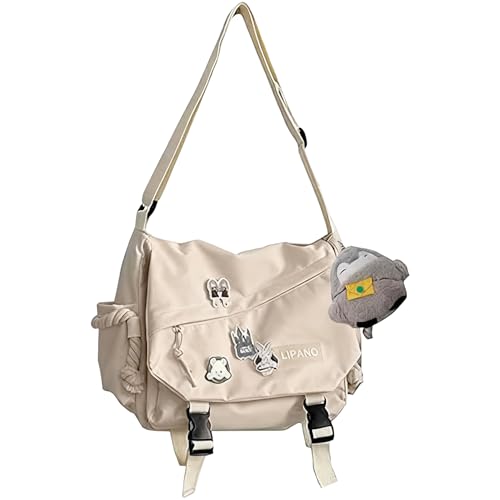 Image of Aesthetic Crossbody Bag with Cute Pins and Ornament, Nylon Shoulder Messenger Bag Japanese Kawaii Bag for Women Men