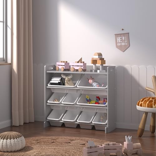 Duffy® Kids Storage Unit Toy Box Organiser Bookshelf With Removable Baskets, For Bedroom, Nursery, Playroom (Grey Wood With White Bins) - 2
