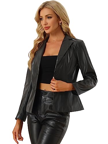 Allegra K Women's Faux Leather Blazer Jacket Button Closure Pleather Long Sleeve Slim Fit Casual Coat3