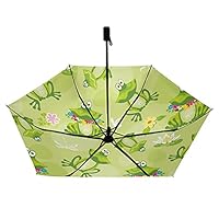 Seamless Green Frogs with Flowers Toads White Lotus Flowers Compact Lightweight Folding Umbrella, Inner Print Sun Parasol with UV Protection, Strong Portable Travel Rain Umbrella