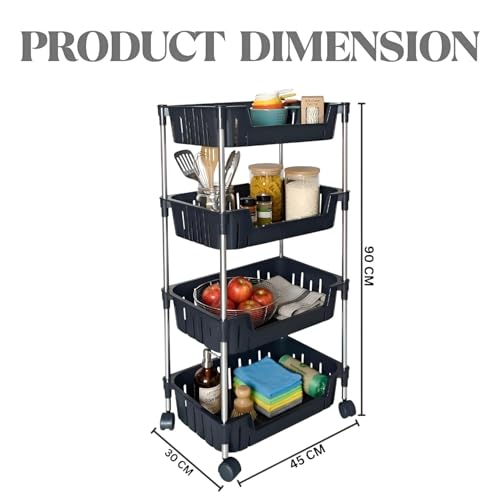 Image of JD FRESH 4-Tier Multi Storage Rack for Home & Kitchen /360-Degree Rotating Wheels with Breathable Kitchen Shelf Storage Rack /Plastic Rolling Cart for Kitchen, Bathroom, Office & Living Room (Black)
