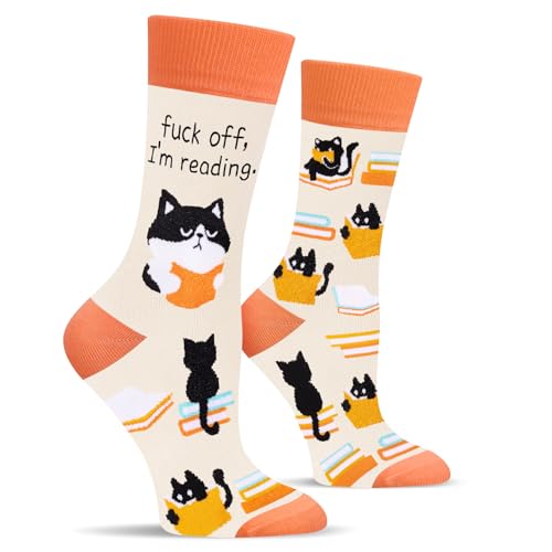 Calcetines Divertidos Gato para Mujer Niña-F*CK OFF,I'M READING Calcetine-Regalos Originales Graciosos Cumpleaños Navidad Cumpleaños San Valentin Pascua Dia de la Madre para Madres Mama Esposa Novia