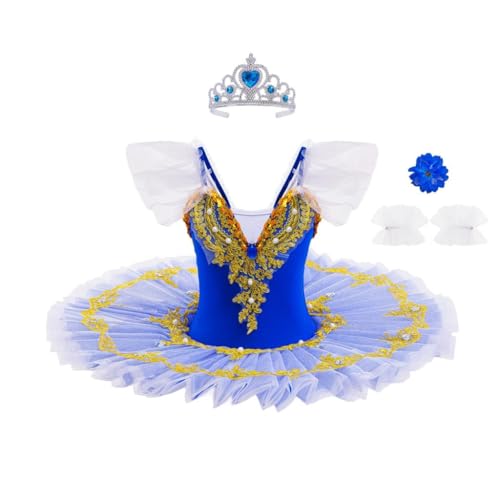 Lito Angels Vestido Tutú de Ballet para Niña, Traje de Bailarina con Aplique Dorado y Pedrería, Ideal para Baile Actuaciones Escuela Fiesta y Sesiones de Fotos, 11-12 Años Talla 152 Azul