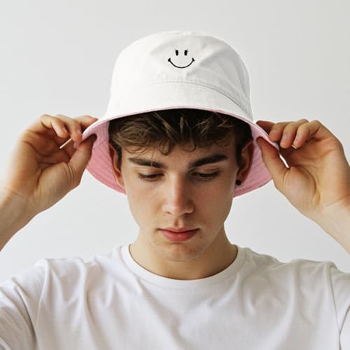 Image of Unisex Bucket Hats Beach Summer Sun Hat with UV Protection for Women Men Pink-White SmileyWorld