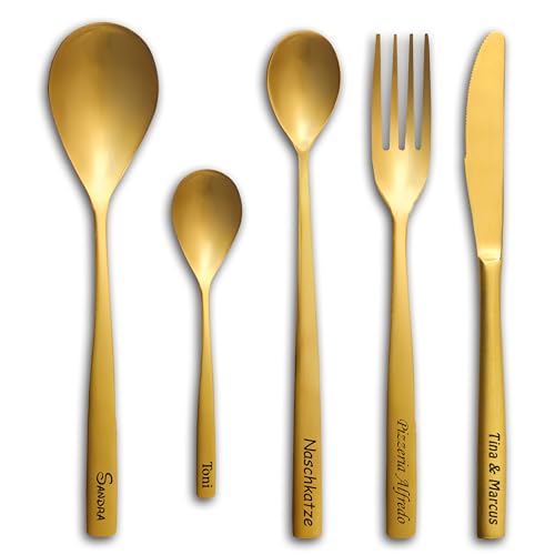 Messer Gabel Löffel mit Gravur Wunschtext gold personalisiert einzeln oder im Set Besteck dein Name Text Geschenkidee graviert Tafelbesteck (Set 2:...