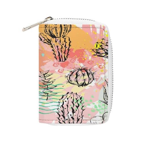Women Leather Coin wallet, Key Change Organizer Zipper Card Holder Purse Clutch Pouch Pocket 4.5x3.15 in Print Beautiful Cacti Cactus Flowers Texture