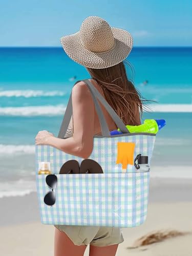 Beach Bags Women Mesh Tote Bag Light Blue Green Checker Plaid Toy Grocery Pool Bag with Pockets for Travel/Picnic/Shower3