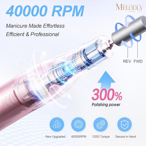 Image of Electric Nail Drill File Professional 40000 RPM, Melodly Rechargeable Electric Nail File Machine Kit for Acrylic Gel Nails Polishing Removing, Portable Cordless Efile with Gold Bits Kit at Salon Home