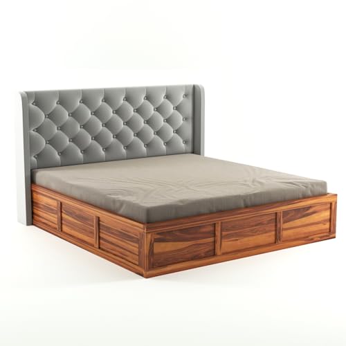 Image of Solid Sheesham Wood King Size Bed with Storage | Wooden Double Bed Cot Bed with Box Storage & Velvet Upholstered Cushioned Headboard for Bedroom (Honey D, King)