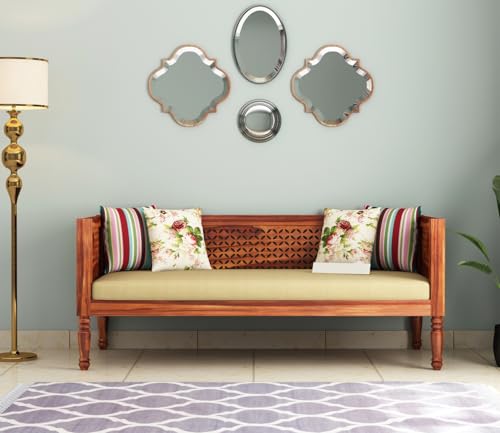 Image of ONIJA Solid Sheesham Wood Diwan Sofa Cum Bed Without Cushion | Traditional Wooden Daybed with Carved Backrest | 3 Seater Sofa for Living Room, Bedroom & Home (Honey Finish)