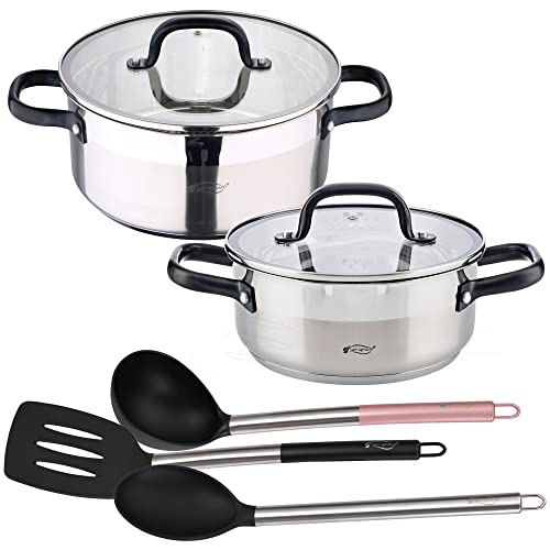 Set Cacerolas 20x8.5 y 24x10.5 cm con tapa, acero inoxidable, aptas para inducción, con Juego 3 utensilios de cocina nylon SAN IGNACIO VITA