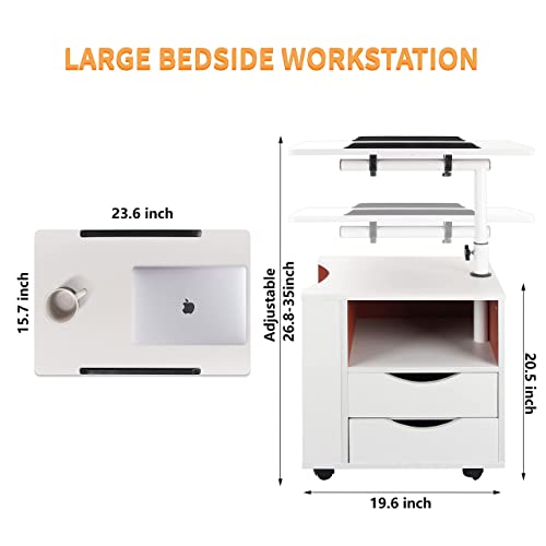 Dansion Bedside Table Workstation, Adjustable Swivel Tilt Wooden Nightstand Laptop Desk With Drawers And Magazine Holder, Laptop Cart With Wheels, White #TOP2