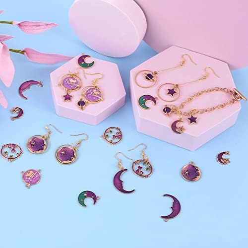 Aster 24 Pcs Enamel Moon Star Earring Charm Pendant Assorted Gold Plated Enamel Cat Celestial Charm Pendant DIY for Earrings Necklace Bracelet Jewelry Making and Crafting