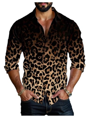 Men's Leopard Print Shirts Cheetah Long Sleeve Button Down Vintage Tee Shirt
