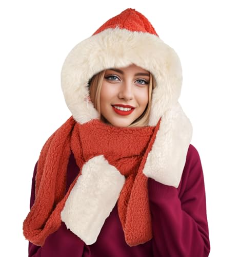 GERINLY Solid Color Hooded Scarf Hat with Mitten Pockets 3 in 1 Knit Winter Accessory