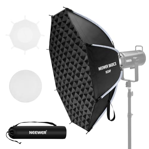 NEEWER BASICS Kit Softbox Ottagonale per Fotografia Studio Riprese Video Streaming, 90cm Soft Box Bowens a Sgancio Rapido/Griglia/Diffusori Luce/Borsa per Illuminazione Continua e Flash Strobo, NS34P