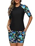 Tournesol Women's 2 Piece Rash Guard Short Sleeve Swim Shirts UV Protection Swimsuit with Boyshorts Pineapple Flower Medium