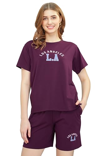 Image of ZEYO - Women's Cotton Typography Printed Night Suit Pajama Set of Top & Shorts