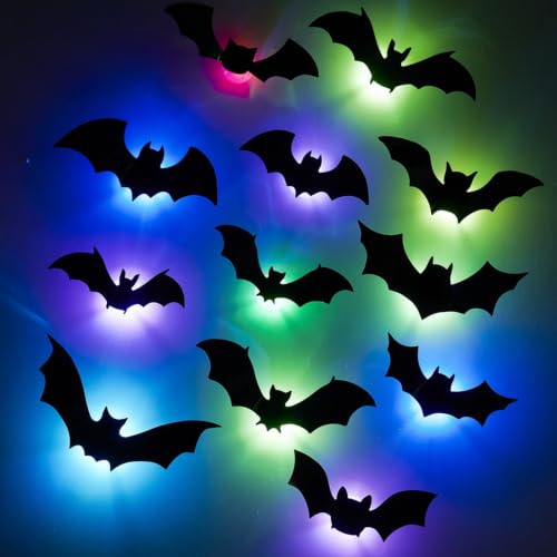48 Pack Halloween Decor 3D Glowing Bat Wall Stickers with Colorful Lights Gothic Halloween Window Decals LED Glowing Bat Stickers for Festival Home Party Wall Decoration Supplies by MHOYTWA - Used condition - Image 4