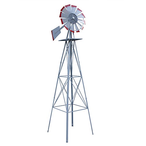 HomGarden 8' Windmill Yard Ornametal Steel Garden Wind Mill Weather Vane Weather Resistant Decoration for Home, Backyard (Sliver)