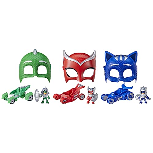 Casitas, Toy PJ Masks - Set Cromado - Juguete Preescolar con 3 Figuras de acción, 3 vehículos, 3 máscaras para Juego de rol y 6 Accesorios - A Partir de 3 años