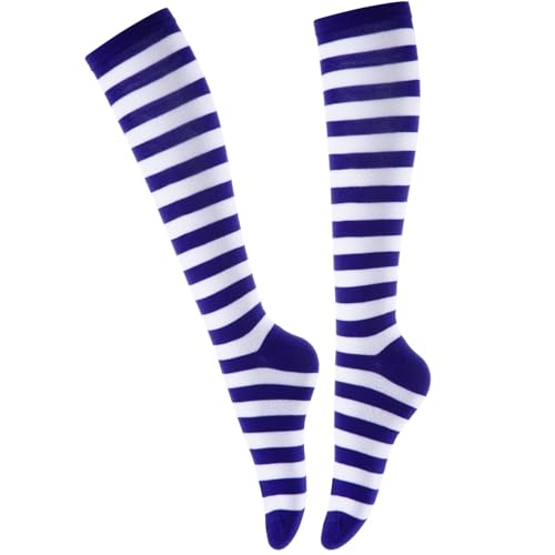 RMSWEETYIL Knee High Socks for Women, Knee High Long Tall Boot Socks (1 Pairs-white and blue thin stripes)