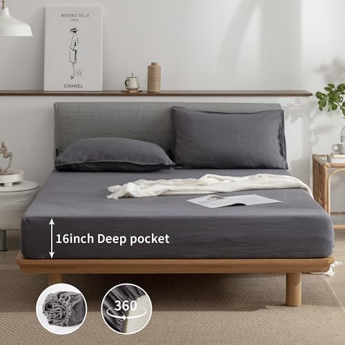 EVERLY Linen Queen Sheets Set, 100% Stonewashed French Linen Bed Sheets Deep Pocket Sheets, 4 Pieces (1 Flat Sheet, 1 Fitted Sheet, 2 Pillowcases) Natural Flax Bedding Set-Dark Grey