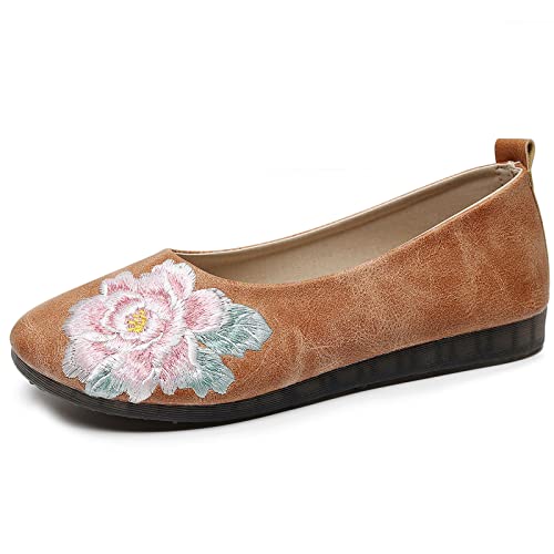 ZCRFYY Chaussures Plates Chaussures Simples Thé Chaussures Larges Pieds Confortables Broderie Chaussures Femmes Mori Chaussures Femmes,Marron,36 Cover