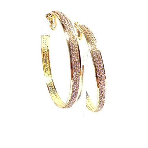 Clip-on Earrings Gold Tone Double Crystal Hoop Earrings 3 Inch Clip Hoop Earrings for Non Pierced Ears