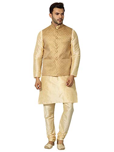 Image of Uri and MacKenzie Men's Silk Blend Regular Kurta Churidar Pyjama with Bundi Nehru Jacket /Waistcoat