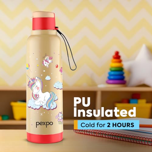 Image of Go24 pexpo Sonnet 900 PU Insulated Stainless Steel Water Bottle for Kids - 680ml | Flip-Top Cap | Leakproof & BPA Free| Carry Strap | for School, Sports, Travel, Picnic, Outdoor - Red Unicorn Print