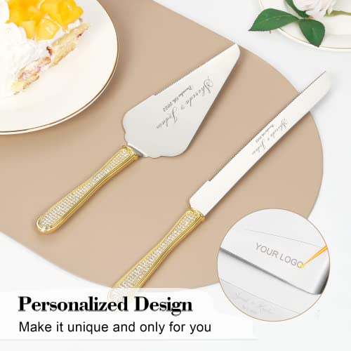 Wedding Cake Knife And Server Set, Personalized Cake Cutting Set, Engraved Elegant Cake Cutters With Sparkling Diamonds, Custom Pie Spatula And Cake Knife, Birthday Bridal Quinceañera Gift (Gold 4) #TOP3
