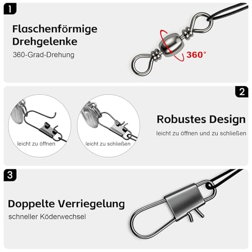 DONQL 80 Stück Stahlvorfach Hecht Angeln Set mit Wirbel & Karabiner, 4 Größen Vorfach Angeln Schwarz, 15/20/25/30cm Edelstahl Fischen Angelzubehör, Bissfeste Stahlvorfächer für Salzwasser Süßwasser