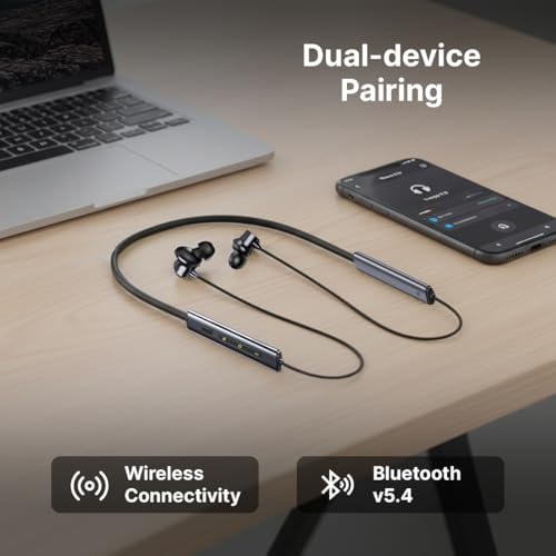 Image of pTron Tangent Eon w / 50Hrs Playtime, Immersive Sound, HD Mic & AI-ENC Clear Calls, Dual-Device Pairing, Magnetic On /Off Function, BT5.4 Wireless Neckband, Voice Asst., Type-C Charging & IPX5(Obsidian)