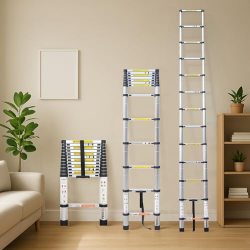 Image of HOUZA 5m (16.5 ft) Aluminium Telescopic Ladder | 13-Step Foldable Extension Ladder | Portable, Compact & Collapsible Multi-Purpose Ladder for Home, Industrial & Outdoor Use (Orange)