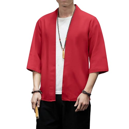Image of PRIJOUHE Men's Kimono Jackets Cardigan Lightweight Casual Cotton Blends Linen Seven Sleeves Open Front Coat Outwear