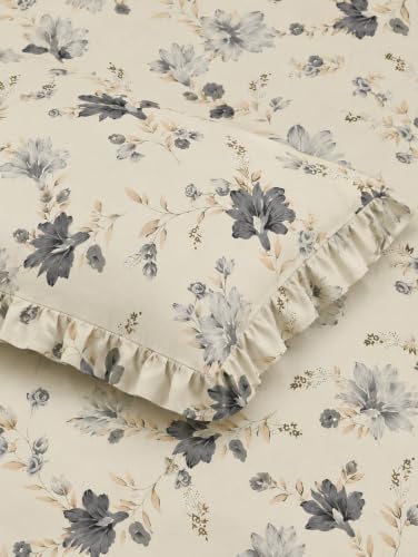 Image of 380 TC Premium Glace Cotton Elastic Fitted Bedsheet King Size with 2 Pillow Covers King Size | Double Bed with All Around Elastic (White Floral, Fitted Queen-60x78)