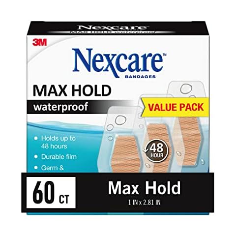 3M Max Hold Nexcare Waterproof Bandages: One Size 60 Count, 1.25 in. x 2.5 in. (Clear) Cover