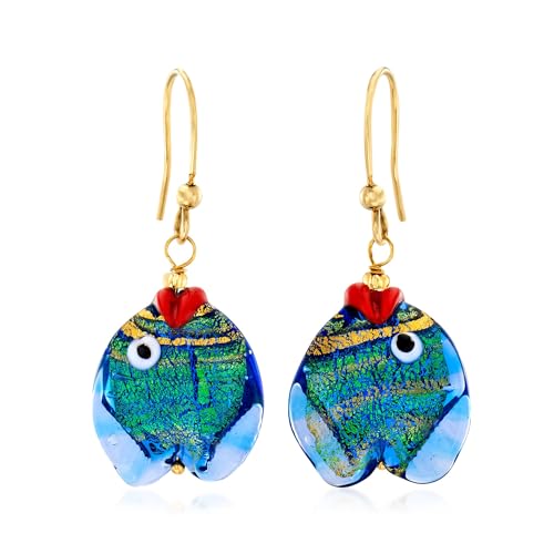 Ross-Simons Italian Blue and Green Murano Glass Fish Drop Earrings With 18kt Gold Over Sterling