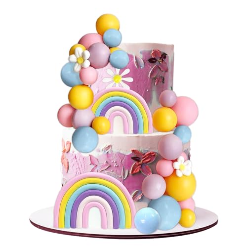 Chris.W 35 PCS Rainbow Birthday Cake Toppers, DIY Foam Colorful Balls Flower Cake Boho Decorations for Girls Boys Wedding Anniversary Birthday Party Supplies (Macaron)