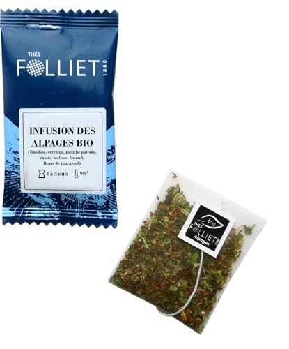 CAFÉS FOLLIET - Infusion Bio - Des Alpages - Sans théine & Sans conservateurs - Calmant & Relaxant - Sachets d'origine végétale - 24 Sachets