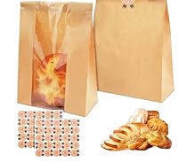 X-BLTU 100 Stück Braune Papiertüten Bäcker mit Klarem Fenster, 35 x 21 x 9 cm Kraft Brottüten Papier Groß mit 100 Stück Aufkleber, Brotpapiertüten für Laib, Hausgemachtes Brot, Sauerteig, Geschenke