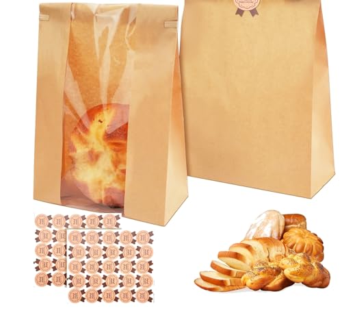 X-BLTU 100 Stück Braune Papiertüten Bäcker mit Klarem Fenster, 35 x 21 x 9 cm Kraft Brottüten Papier Groß mit 100 Stück Aufkleber, Brotpapiertüten für Laib, Hausgemachtes Brot, Sauerteig, Geschenke