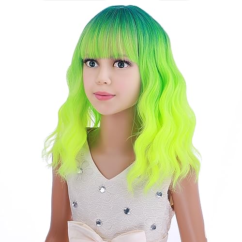 Image of PATTNIUM Neon Green Wig for Kids Child Short Curly Wavy Wig with Bangs Ombre Green Wigs Girls Lime Green Synthetic Wigs for Cosplay Costume Party