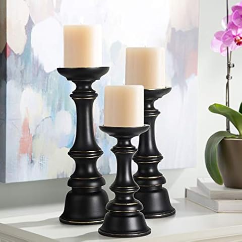 Resin Candle Holders Set of 3- Home Decor Pillar Candle Stand, Coffee Table Decor Centerpieces for Fireplace, Living or Dining Room Table (Black) Cover