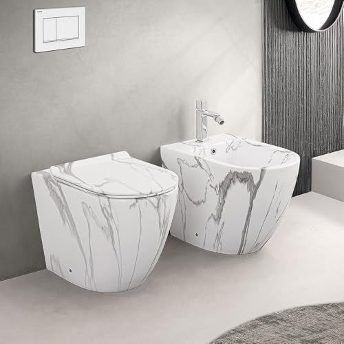 Set Sanitari Filomuro Rimless In Ceramica Con Effetto Marmorizzato Bianco